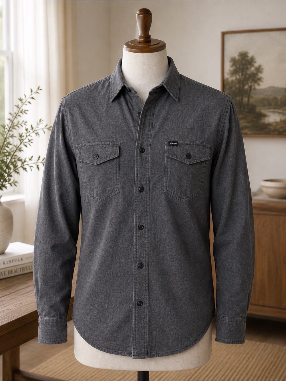 Wrangler Flex for Comfort Men’s M Charcoal Gray Button Up Work Shirt Stretch